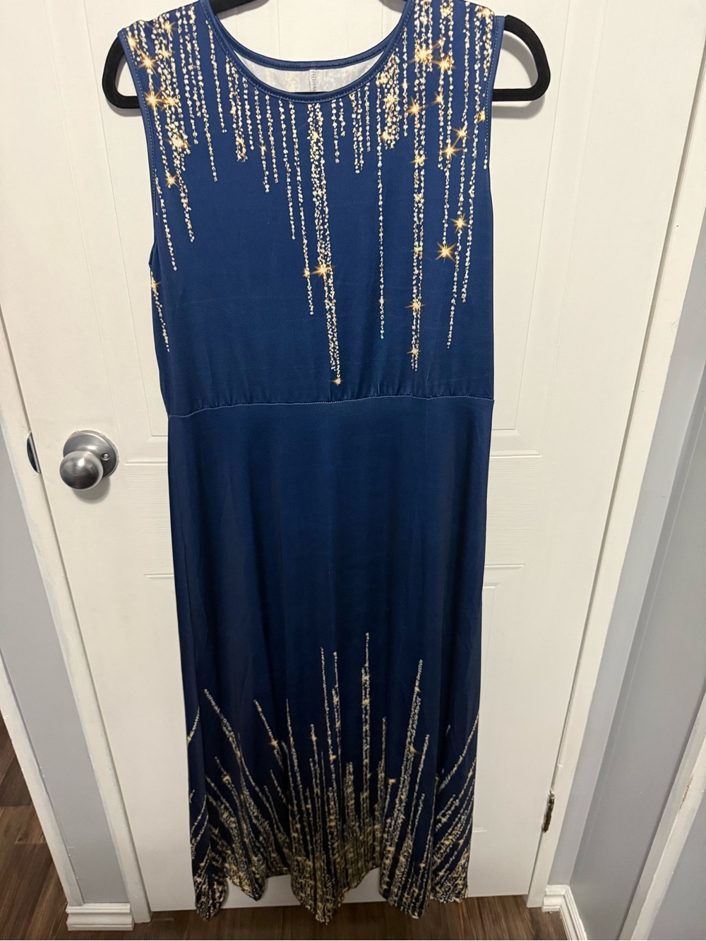 Navy Blue Sleeveless Maxi Dress with Gold printed Sparkle Detail
